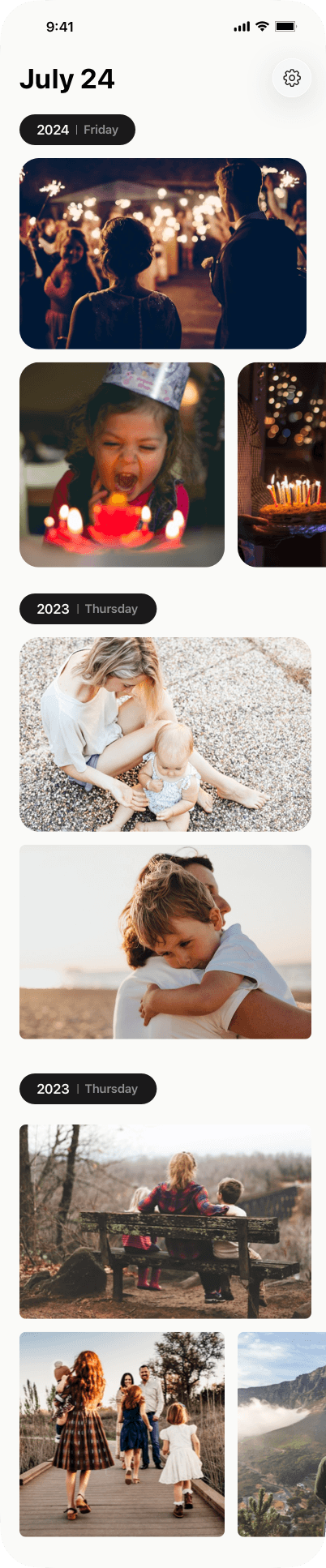 Photura showing a full scrolling Today view for July 24 with memories grouped by year